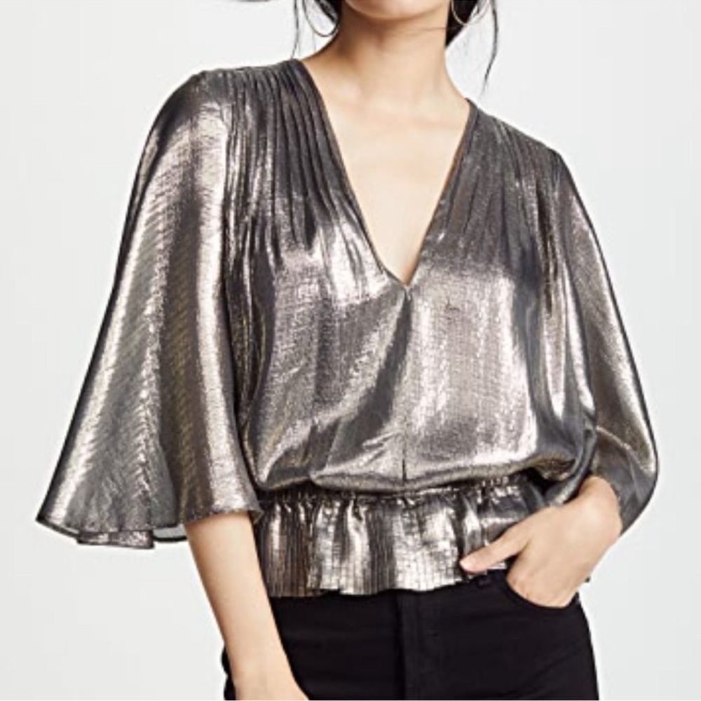 Ramy Brook Silk Metallic Tonya V-Neck Elastic Pleated Waist Blouse